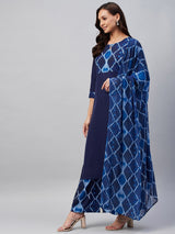 Blue And White Geometric Printed Side Slit Straight Kurta Palazzo And Dupatta Set