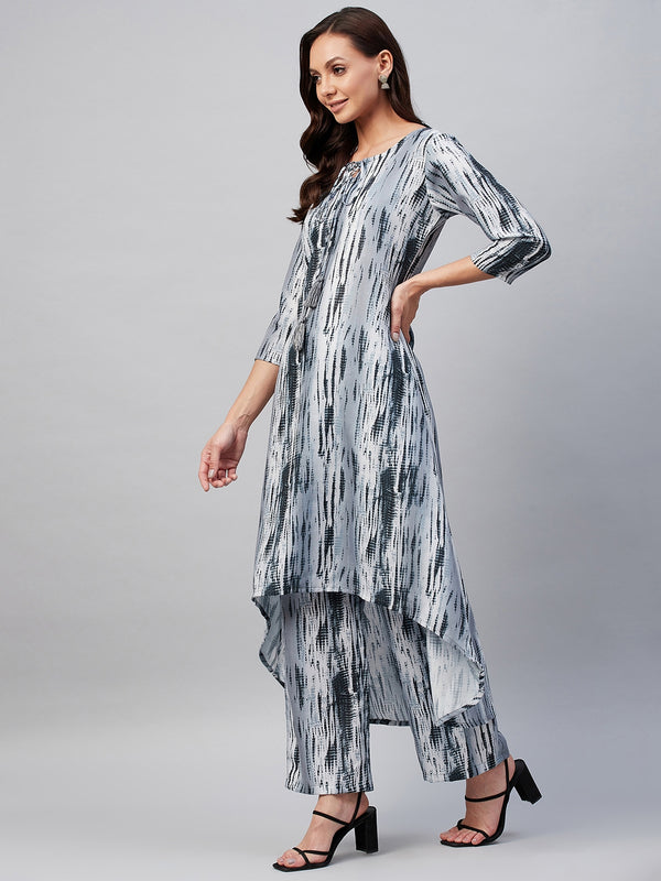 Grey And Black Shibori Hi-Low A-Line Kurta Palazzo Set