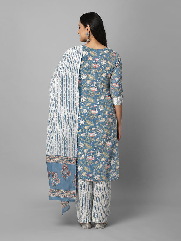 Blue And White Floral Printed Side Slit Straight Kurta Palazzo And Dupatta Set