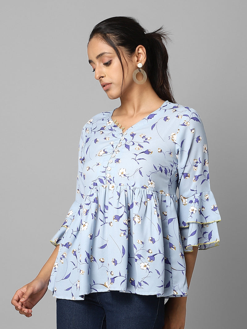 Sky Blue Floral Printed Gathered Top