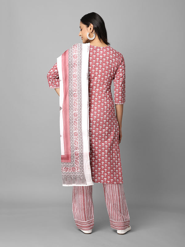 Pink And White Ethnic Printed Side Slit Straight Kurta Palazzo And Dupatta Set