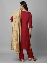 Red And Gold Solid Side Slit Straight Kurta Palazzo And Dupatta Set