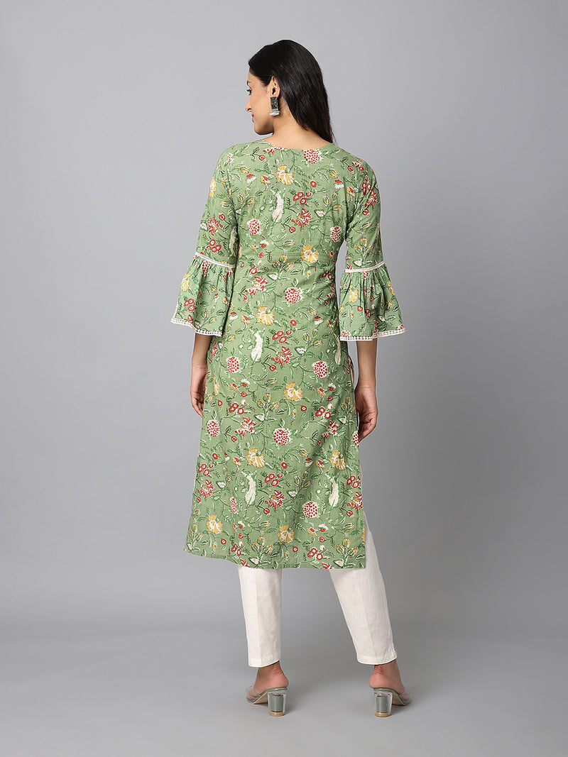 Green Floral Side Slit Straight Kurta