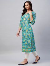 Green Floral Printed Side Slit Straight Kurta