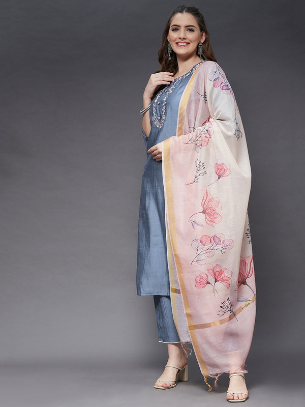 Embroidered Kurta With Pant And Dupatta