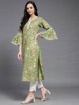 Green Floral Side Slit Straight Kurta