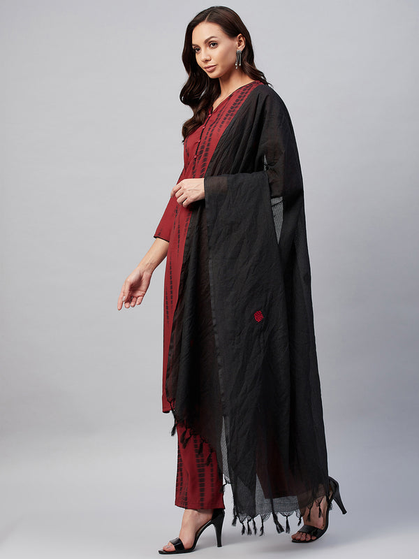 Maroon And Black Shibori Printed Side Slit Straight Kurta Palazzo And Dupatta Set