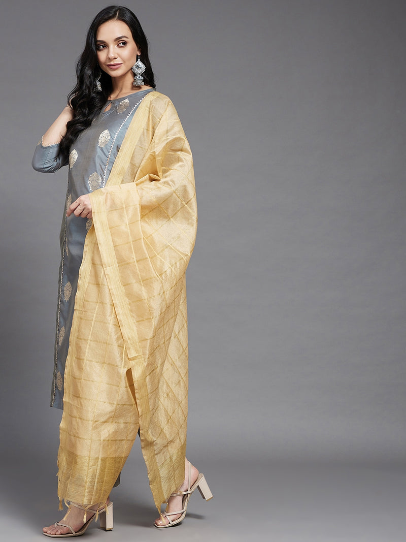 Grey Gold Printed Side Slit Straight Kurta And Solid Palazzo And Dupatta Set