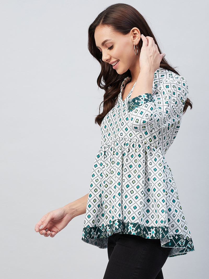 White And Green Geometric Printed Gathered A-Line Top