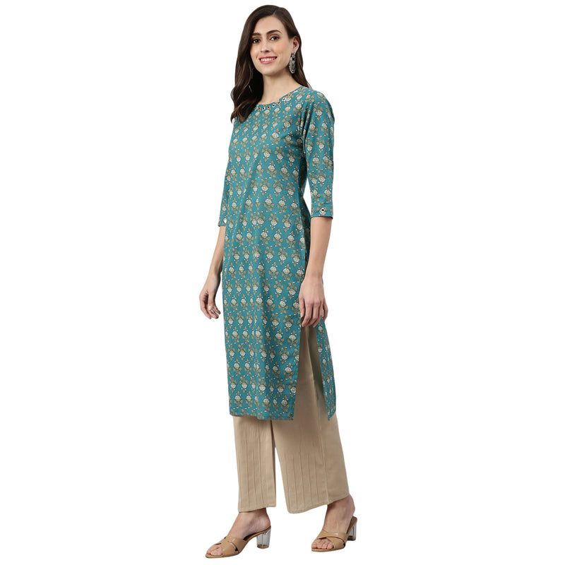 Green Ethnic Printed Side Slit Straight Kurta