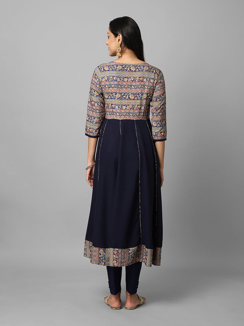 Navy Blue Floral Printed Anarkali Kurta