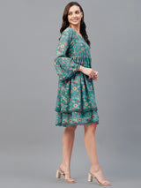 Green floral Printed Gathered A-Line Dress