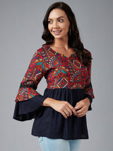 Red And Navy Ethnic Printed Gathered A-Line Top