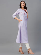 Lavender Solid Embroidered A-Line Kurta