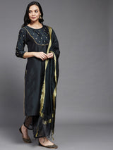 Solid Black Gold Printed Side Slit Straight Kurta Palazzo And Dupatta Set