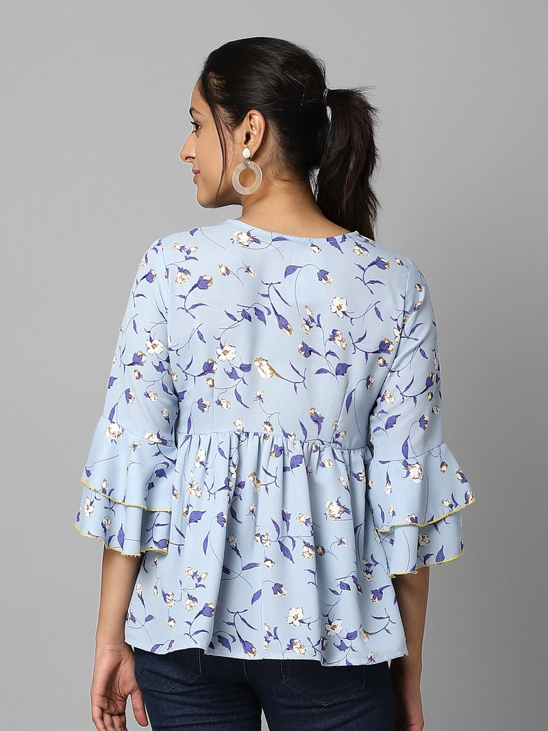 Sky Blue Floral Printed Gathered Top