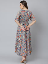 Grey Floral Printed Georgette Printed A-Line Dress