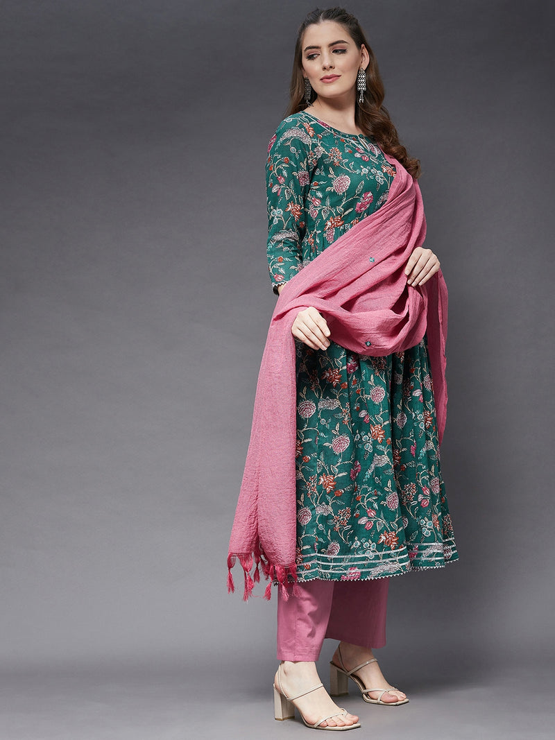 Cotton Gathered Kurta With Trouser And Dupatta