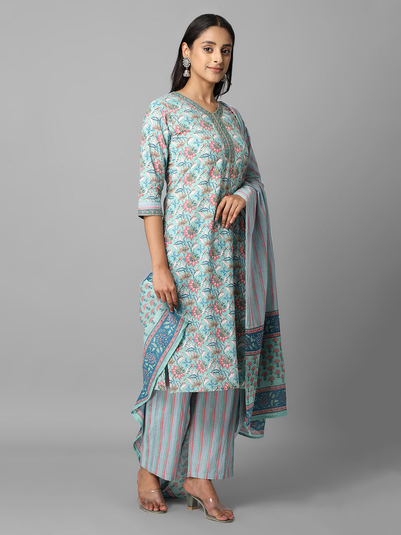 Green And Pink Floral Printed Side Slit Straight Kurta With Palazzo And Dupatta Set