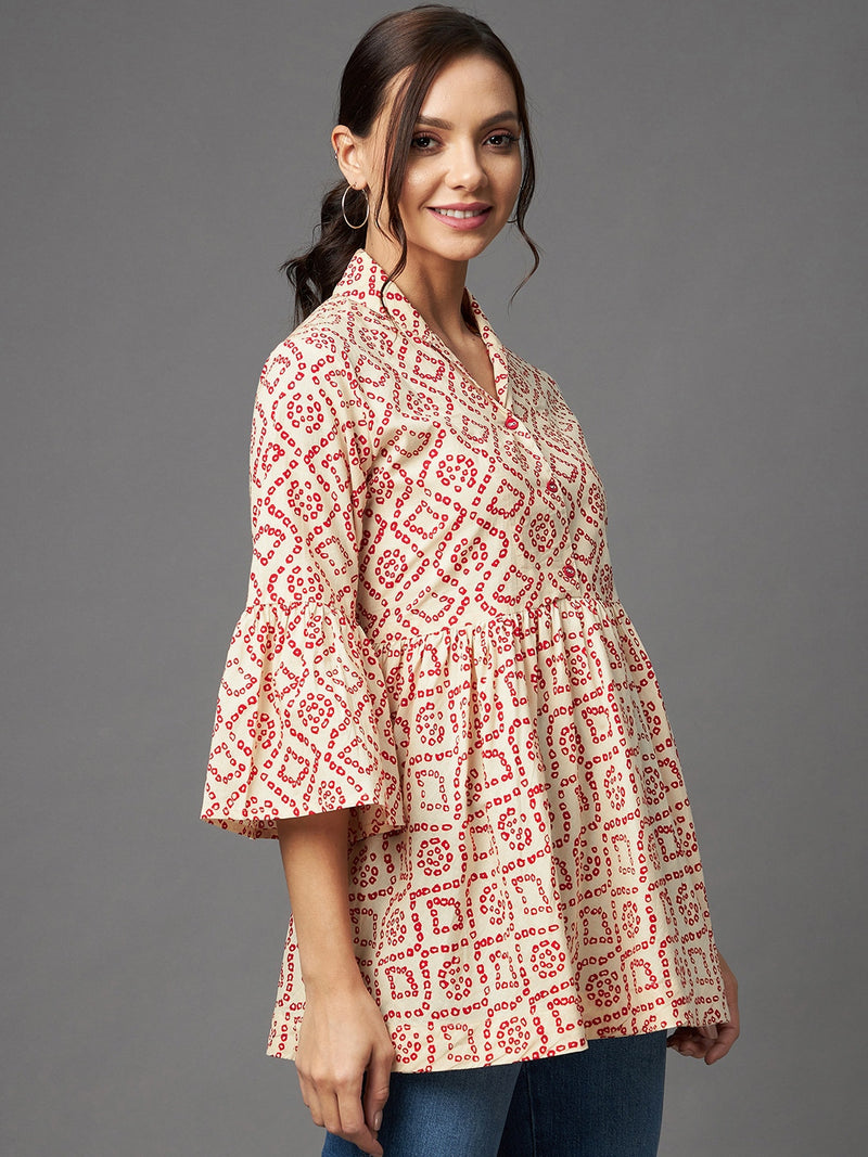 Cream And Red Bandhani Printed Gathered A-Line Top