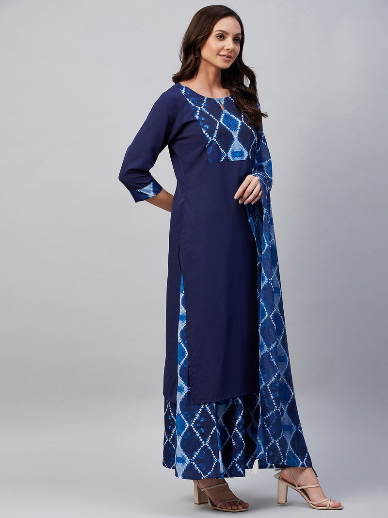 Blue And White Geometric Printed Side Slit Straight Kurta Palazzo And Dupatta Set