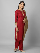 Red And Gold Solid Side Slit Straight Kurta Palazzo And Dupatta Set