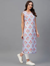 Lavender Floral Printed Sleeveless Side Slit Straight Kurta