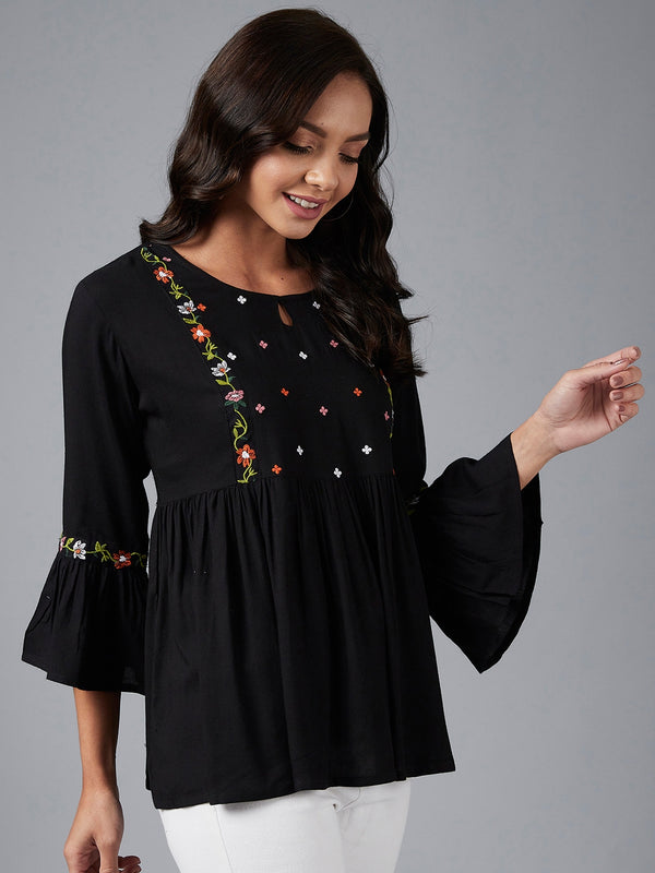 Solid Black Embroidered Gathered A-Line Top