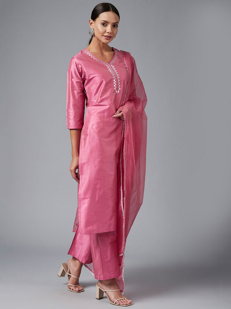 Pink Solid Embroidred Side Slit Straight Kurta Palazzo And Dupatta Set