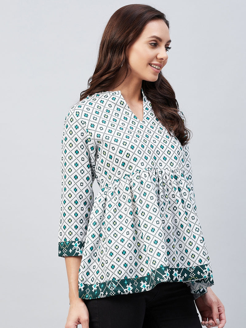 White And Green Geometric Printed Gathered A-Line Top