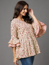 Cream And Red Floral Printed Angrakha Style Gatherd A-Line Top