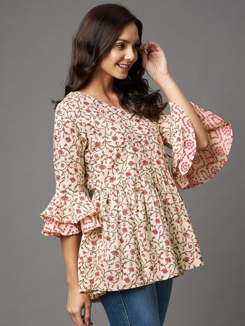 Cream And Red Floral Printed Angrakha Style Gatherd A-Line Top