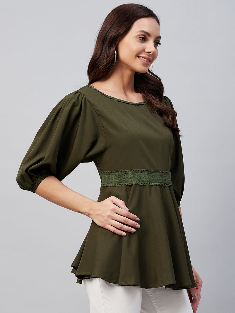 Solid Olive Gathered A-Line Top