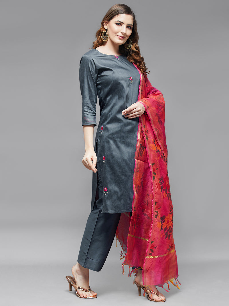 Embroidered Kurta With Trouser And Printed Dupatta