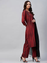 Maroon And Black Shibori Printed Side Slit Straight Kurta Palazzo And Dupatta Set