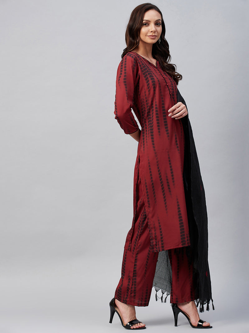 Maroon And Black Shibori Printed Side Slit Straight Kurta Palazzo And Dupatta Set