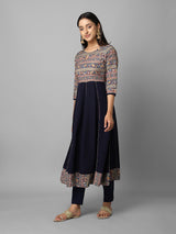 Navy Blue Floral Printed Anarkali Kurta