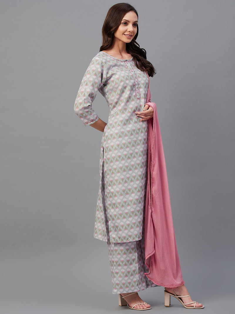 Grey And Pink Floral Printed Side Slit Straight Kurta Palazzo And Dupatta Set