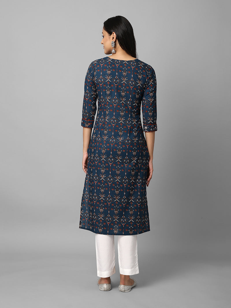 Dark Blue And Rust Ethnic Printed Side Slit Straight Kurta Having Mirror Work On Neck