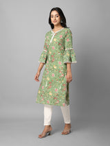 Green Floral Side Slit Straight Kurta