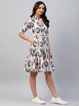 Beige And Red Floral Printed Button Down Gathered A-Line Dress