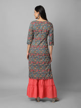 Green And Pink Floral Side Slit Straight Kurta