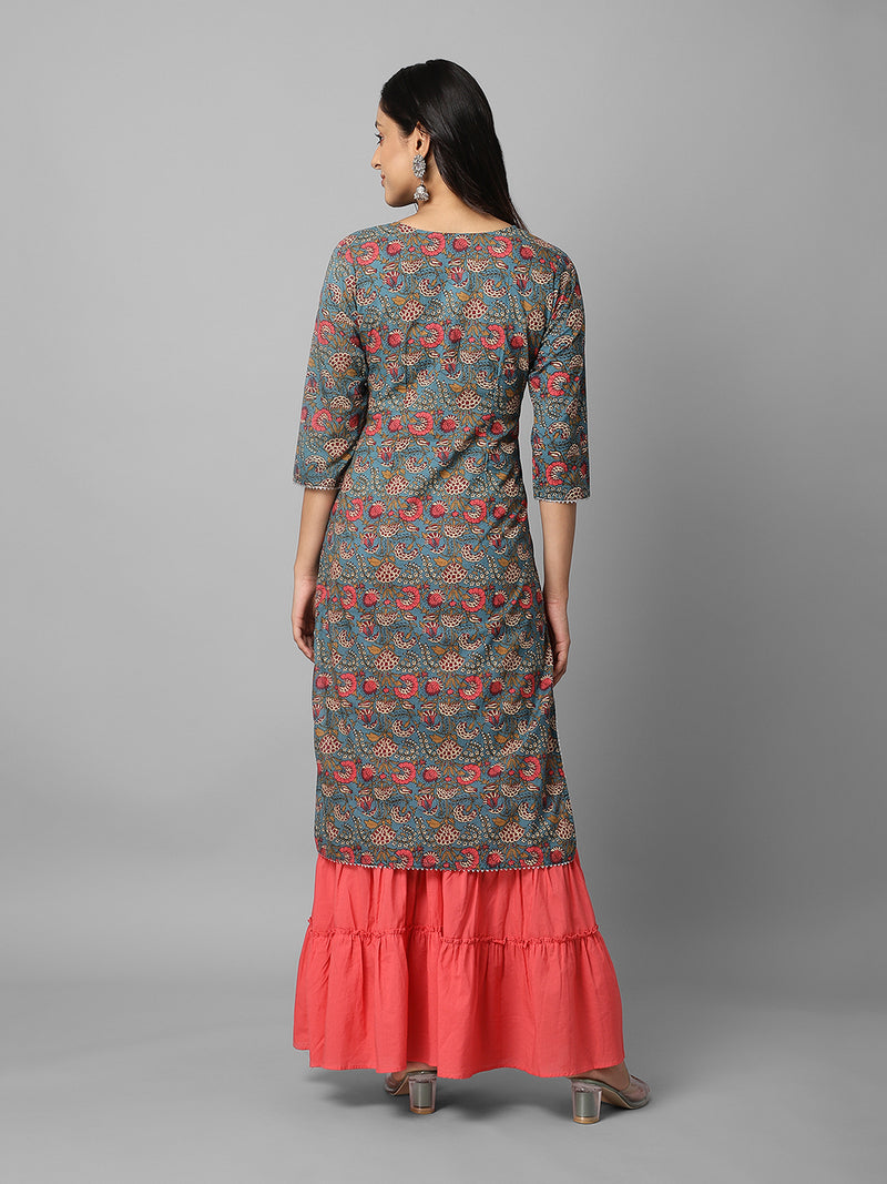 Green And Pink Floral Side Slit Straight Kurta