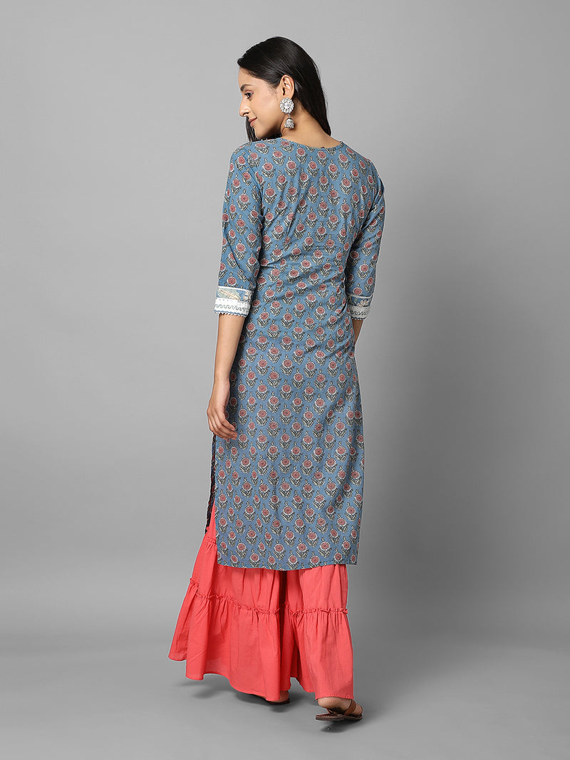 Grey And Pink Ethnic Floral Printed Side Slit Straight Kurta