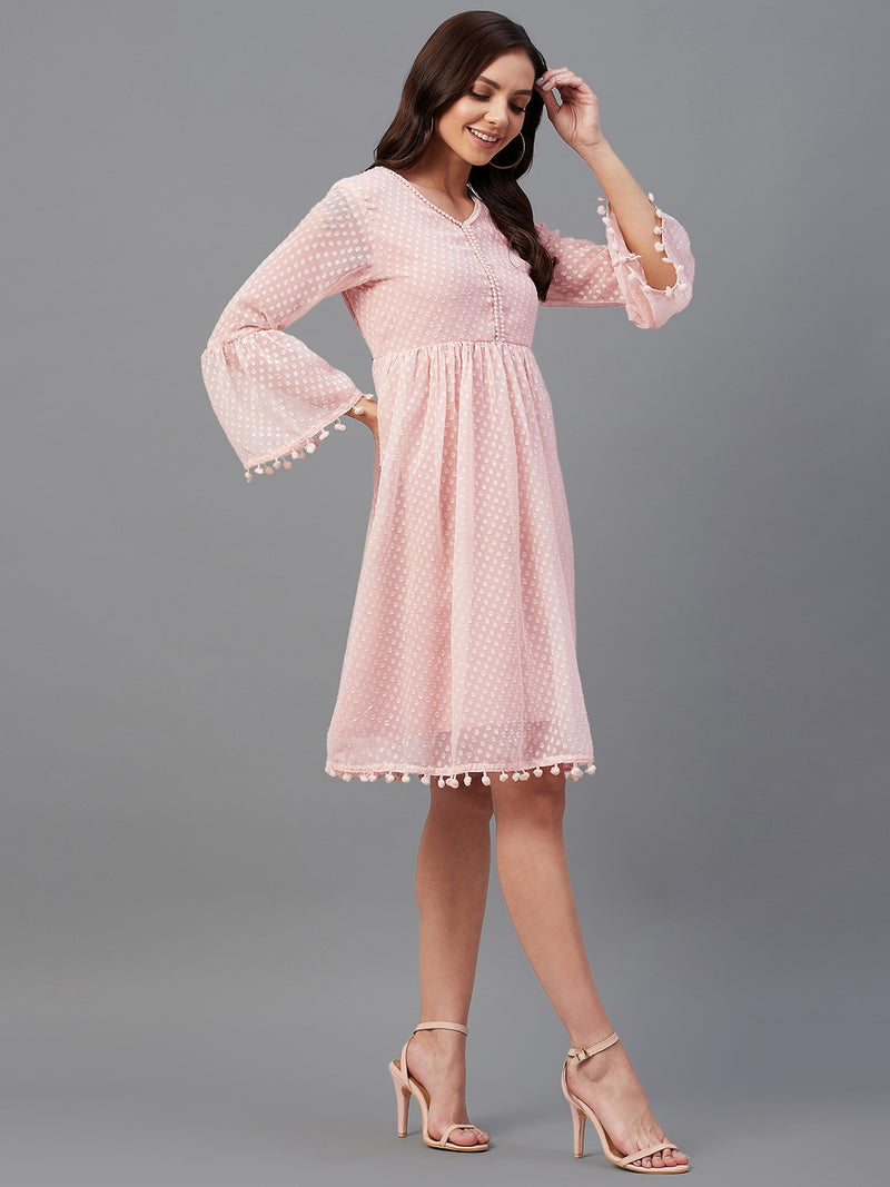 Pink Dobby Gathered A-Line Dress