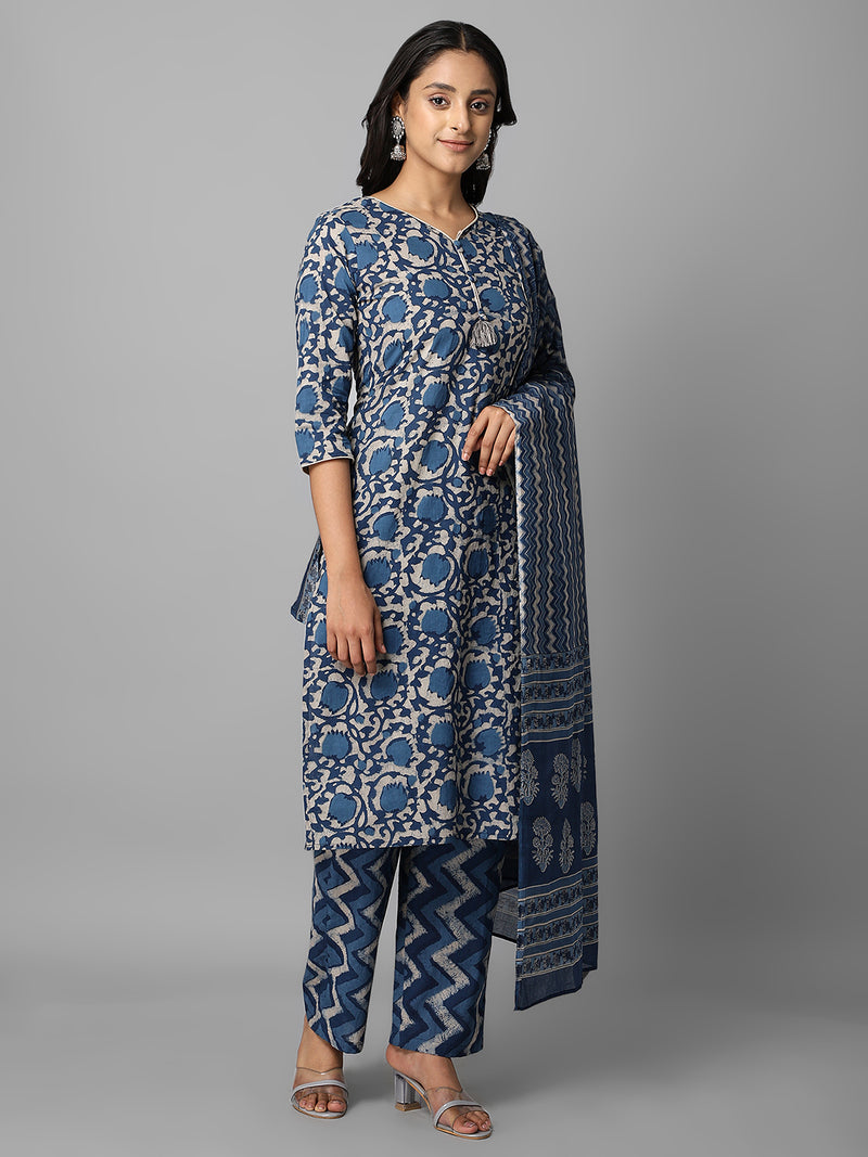 Navy Blue Printed Side Slit Straight Kurta Palazzo And Dupatta Set