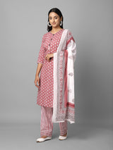 Pink And White Ethnic Printed Side Slit Straight Kurta Palazzo And Dupatta Set