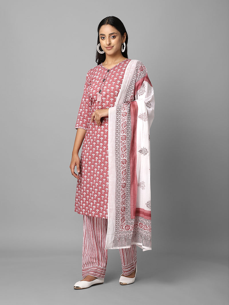 Pink And White Ethnic Printed Side Slit Straight Kurta Palazzo And Dupatta Set