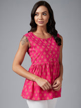 Magenta Ethnic Gold Printed Sleeveless A-Line Top