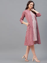 Mauve Color Print Tunic With Jacket Dress